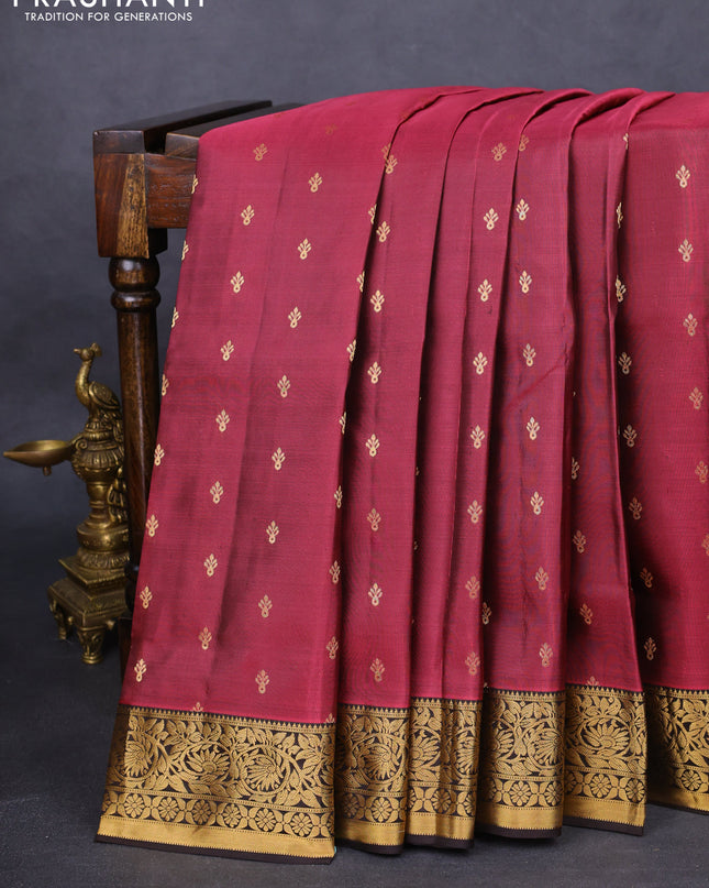 Pure soft silk saree maroon and coffee brown with allover zari woven buttas and zari woven border