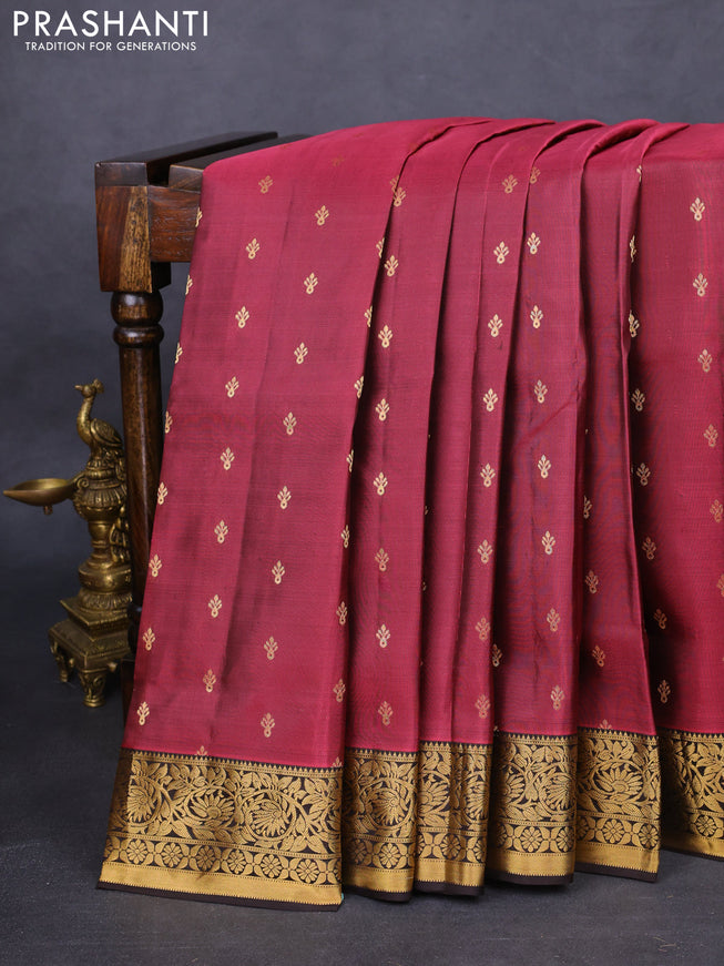 Pure soft silk saree maroon and coffee brown with allover zari woven buttas and zari woven border