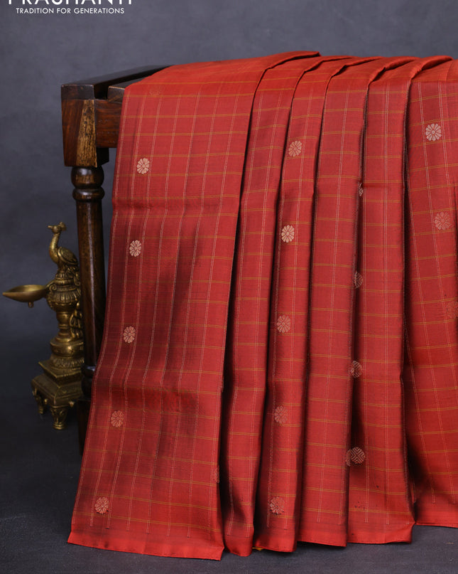 Pure soft silk saree rust shade and dark mustard with allover zari checks & buttas in borderless style