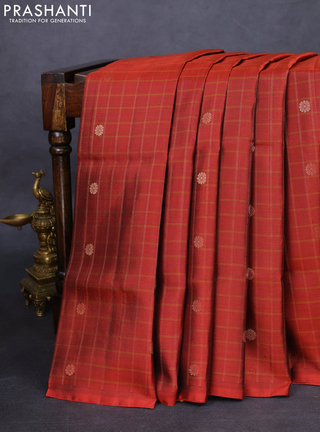 Pure soft silk saree rust shade and dark mustard with allover zari checks & buttas in borderless style