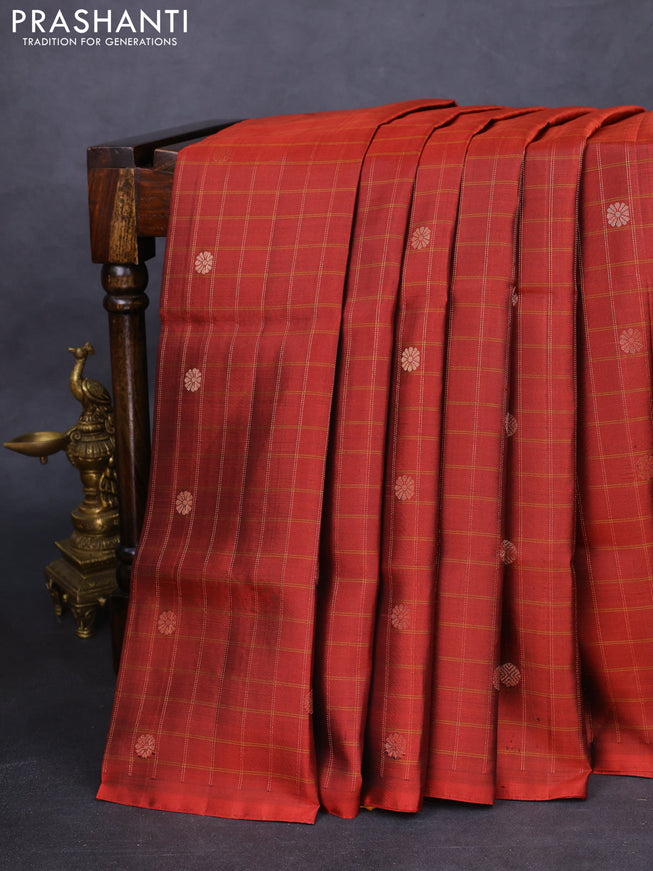 Pure soft silk saree rust shade and dark mustard with allover zari checks & buttas in borderless style