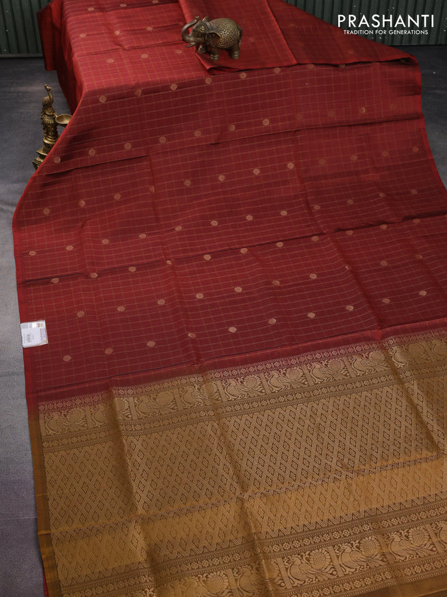 Pure soft silk saree rust shade and dark mustard with allover zari checks & buttas in borderless style