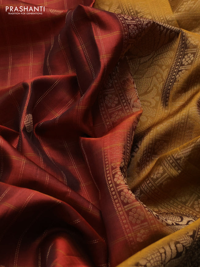 Pure soft silk saree rust shade and dark mustard with allover zari checks & buttas in borderless style