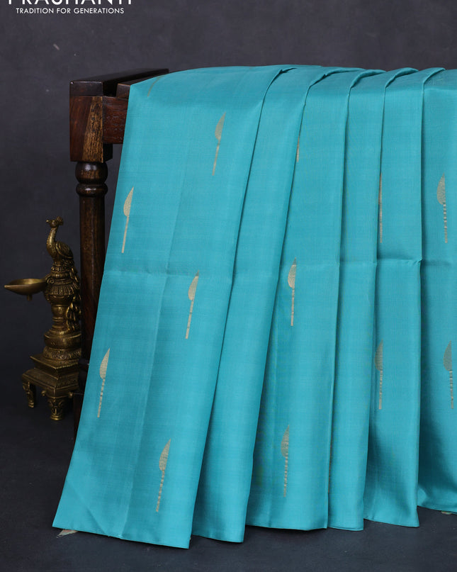 Pure soft silk saree teal blue and mauve pink with zari woven buttas in borderless style