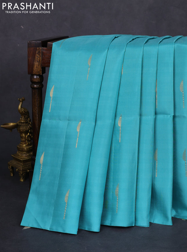 Pure soft silk saree teal blue and mauve pink with zari woven buttas in borderless style