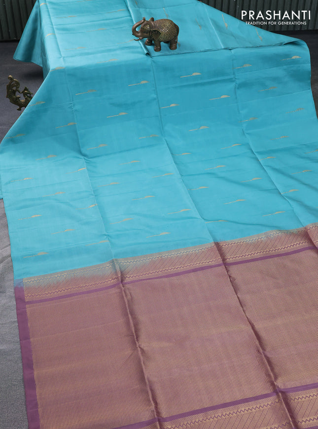 Pure soft silk saree teal blue and mauve pink with zari woven buttas in borderless style