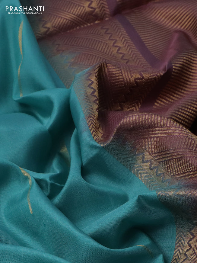 Pure soft silk saree teal blue and mauve pink with zari woven buttas in borderless style