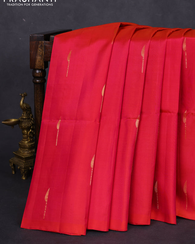 Pure soft silk saree dual shade of pinkish orange and green with zari woven buttas in borderless style