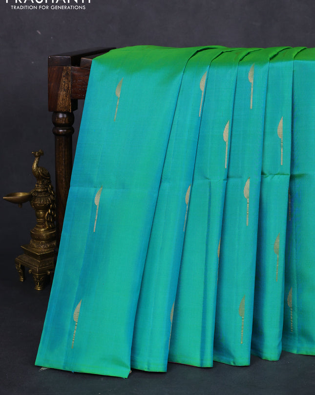 Pure soft silk saree dual shade of teal green and pink shade with zari woven buttas in borderless style