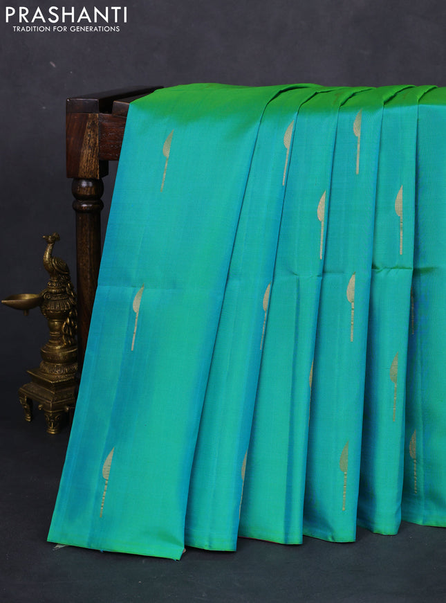 Pure soft silk saree dual shade of teal green and pink shade with zari woven buttas in borderless style
