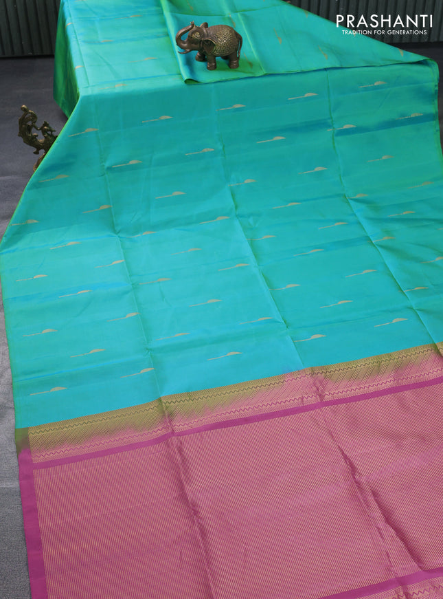 Pure soft silk saree dual shade of teal green and pink shade with zari woven buttas in borderless style