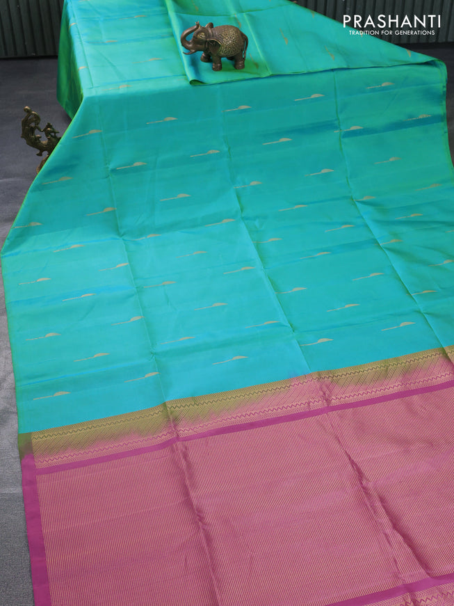 Pure soft silk saree dual shade of teal green and pink shade with zari woven buttas in borderless style