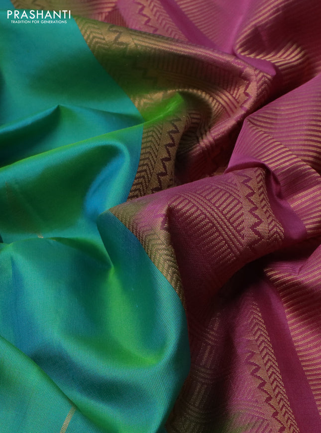 Pure soft silk saree dual shade of teal green and pink shade with zari woven buttas in borderless style