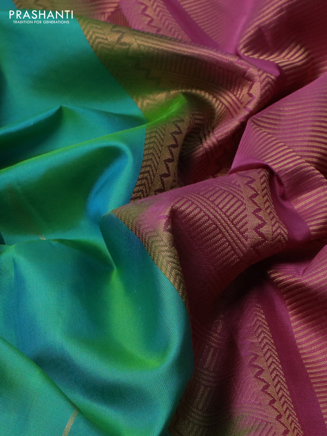 Pure soft silk saree dual shade of teal green and pink shade with zari woven buttas in borderless style