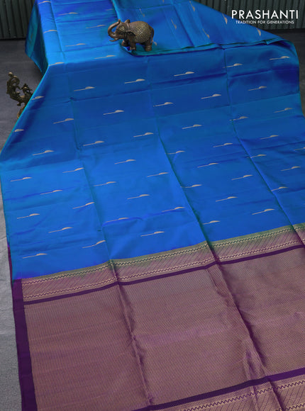 Pure soft silk saree dual shade of blue and purple with zari woven buttas in borderless style