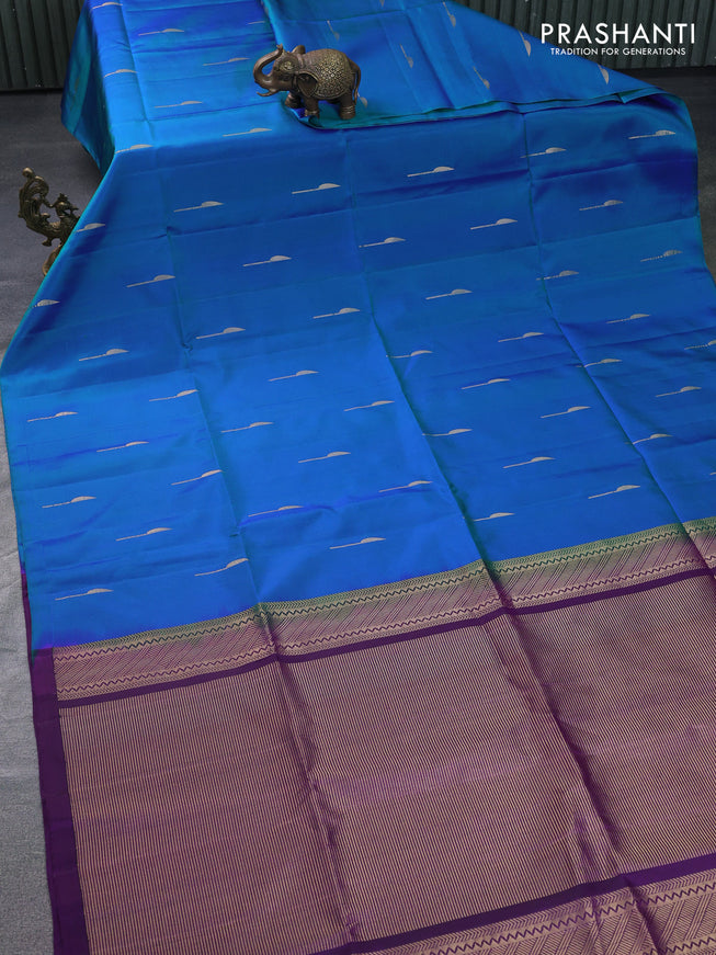 Pure soft silk saree dual shade of blue and purple with zari woven buttas in borderless style