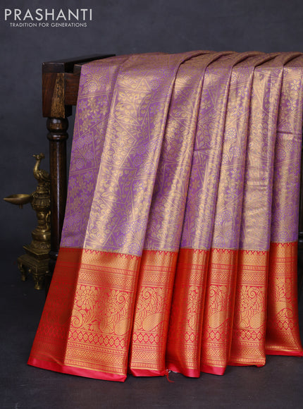 Bangalori tissue silk saree mild lavender and reddish pink with allover zari woven brocade weaves and long zari woven border