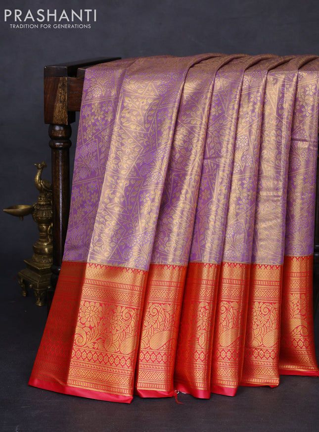 Bangalori tissue silk saree mild lavender and reddish pink with allover zari woven brocade weaves and long zari woven border