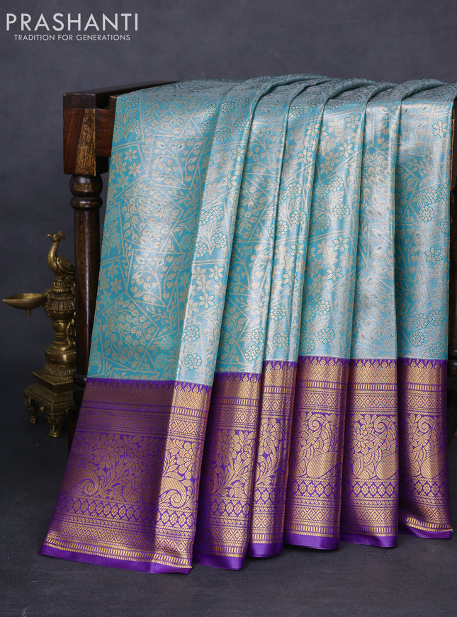 Bangalori tissue silk saree blue and violet with allover zari woven brocade weaves and long zari woven border