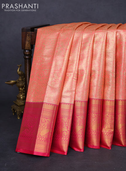 Bangalori tissue silk saree peach pink and pink with allover zari woven brocade weaves and long zari woven border