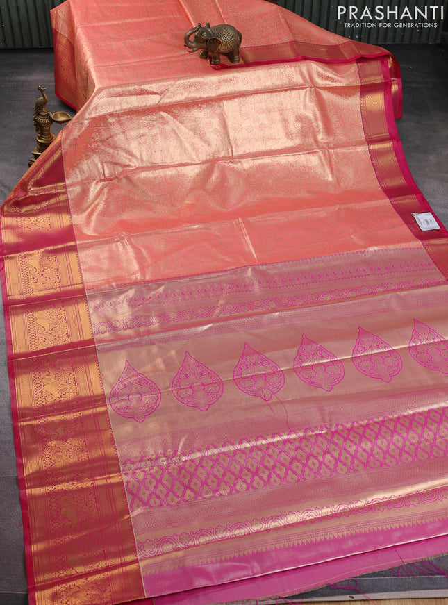Bangalori tissue silk saree peach pink and pink with allover zari woven brocade weaves and long zari woven border
