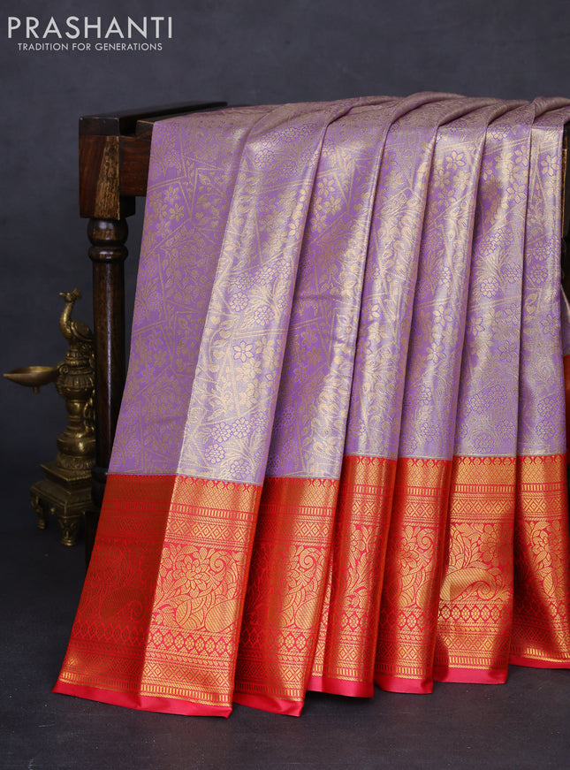 Bangalori tissue silk saree lavender and reddish pink with allover zari woven brocade weaves and long zari woven border