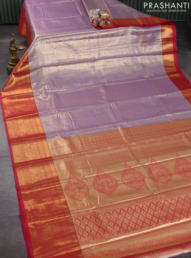 Bangalori tissue silk saree lavender and reddish pink with allover zari woven brocade weaves and long zari woven border
