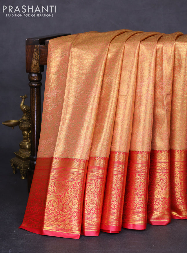 Bangalori tissue silk saree peach shade and pink with allover zari woven brocade weaves and long zari woven border