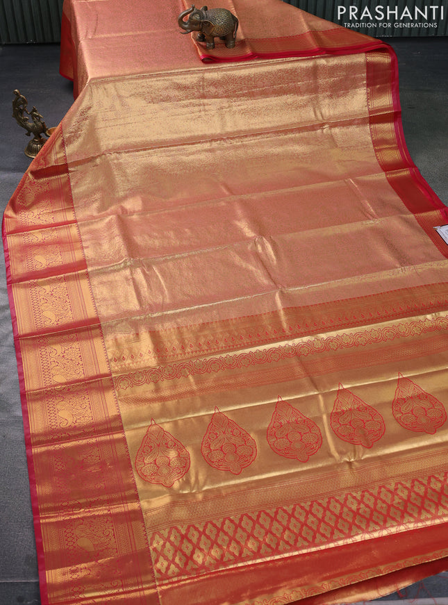 Bangalori tissue silk saree peach shade and pink with allover zari woven brocade weaves and long zari woven border
