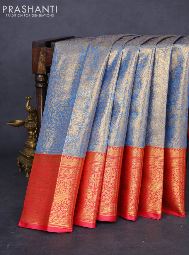 Bangalori tissue silk saree blue and reddish pink with allover zari woven brocade weaves and long zari woven border