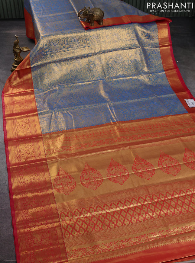Bangalori tissue silk saree blue and reddish pink with allover zari woven brocade weaves and long zari woven border