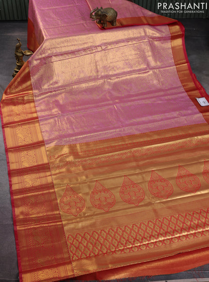 Bangalori tissue silk saree light pink and pink with allover zari woven brocade weaves and long zari woven border