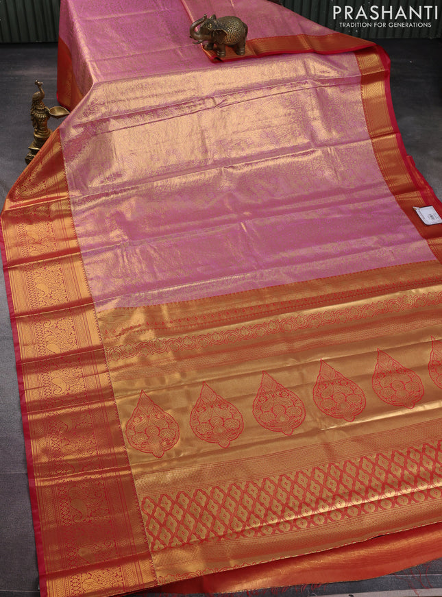 Bangalori tissue silk saree light pink and pink with allover zari woven brocade weaves and long zari woven border