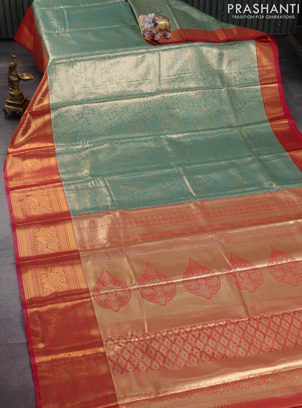 Bangalori tissue silk saree teal green shade and reddish pink with allover zari woven brocade weaves and long zari woven border