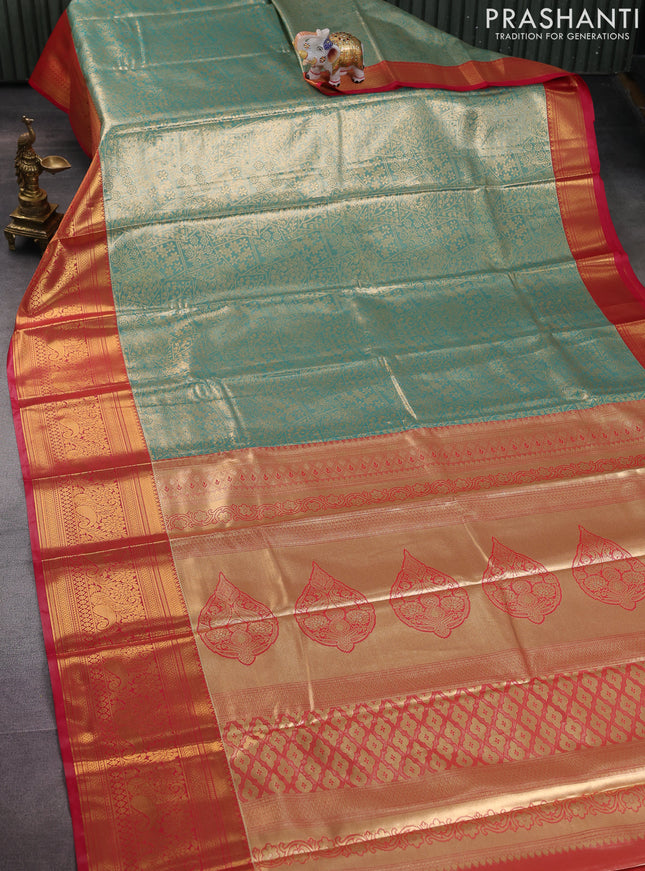 Bangalori tissue silk saree teal green shade and reddish pink with allover zari woven brocade weaves and long zari woven border