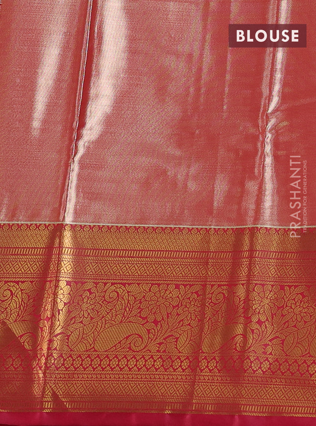 Bangalori tissue silk saree teal green shade and reddish pink with allover zari woven brocade weaves and long zari woven border