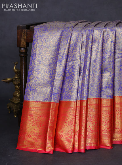 Bangalori tissue silk saree blue and reddish pink with allover zari woven brocade weaves and long zari woven border