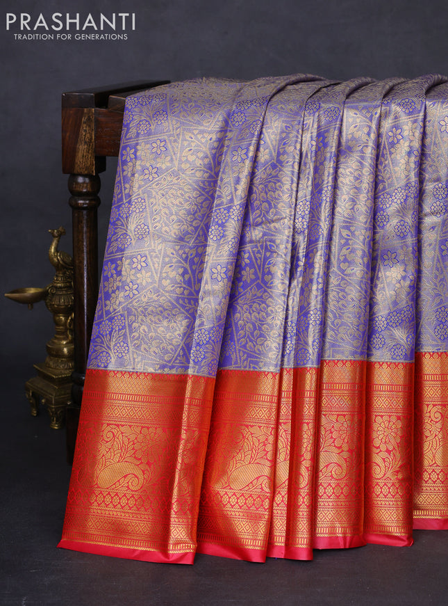 Bangalori tissue silk saree blue and reddish pink with allover zari woven brocade weaves and long zari woven border