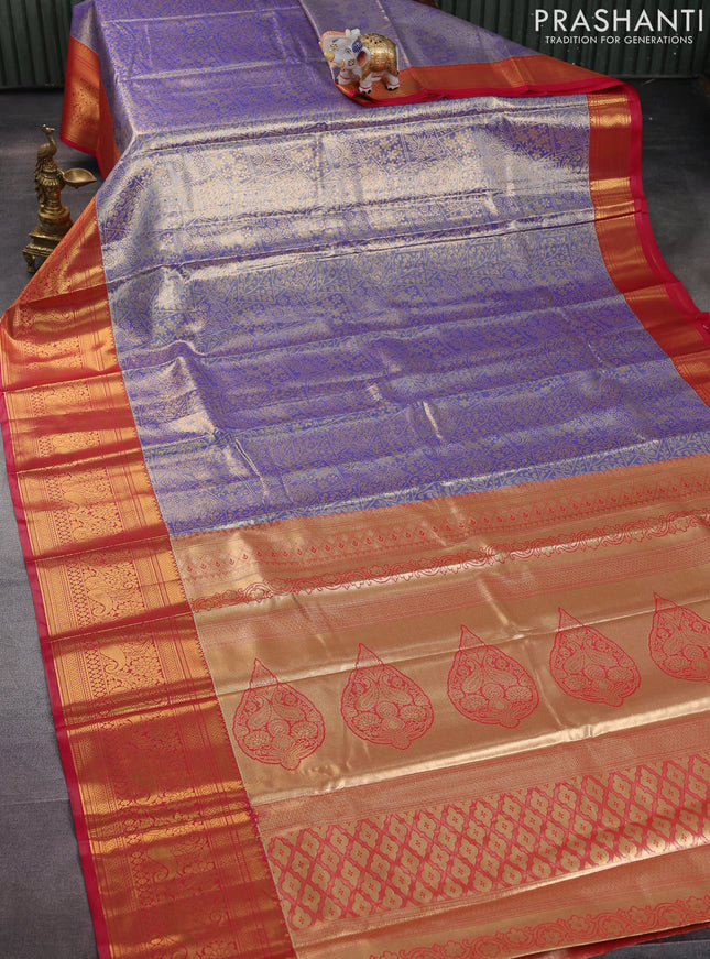 Bangalori tissue silk saree blue and reddish pink with allover zari woven brocade weaves and long zari woven border