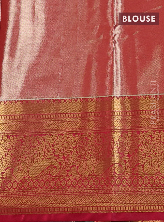 Bangalori tissue silk saree blue and reddish pink with allover zari woven brocade weaves and long zari woven border