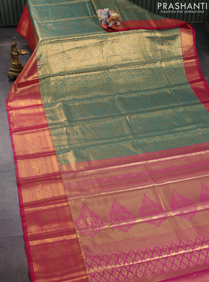 Bangalori tissue silk saree green shade and pink with allover zari woven brocade weaves and long zari woven border