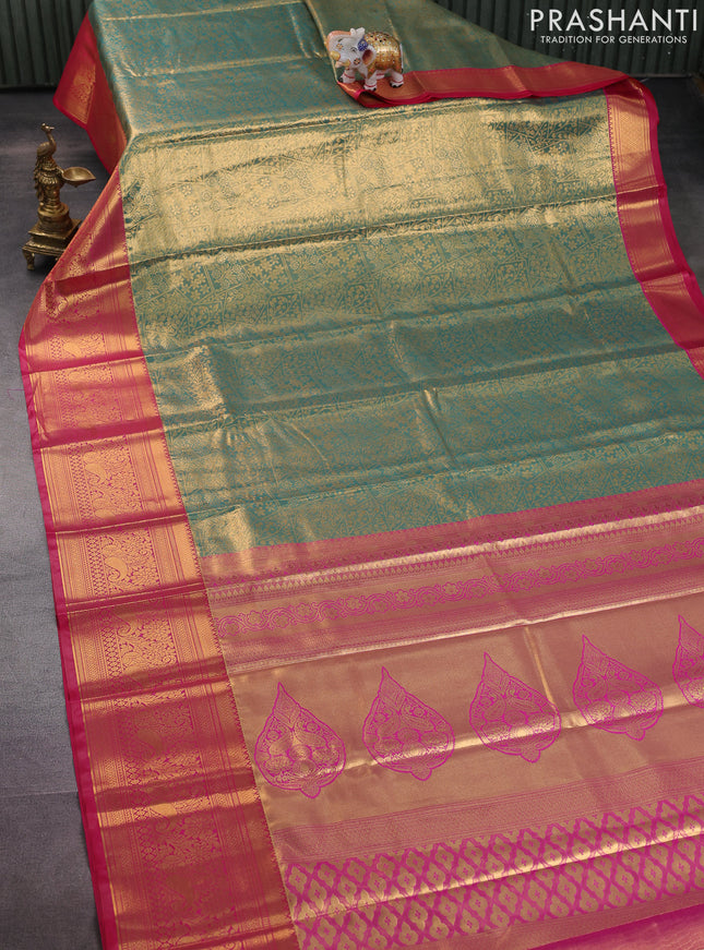 Bangalori tissue silk saree green shade and pink with allover zari woven brocade weaves and long zari woven border