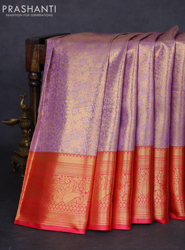 Bangalori tissue silk saree lavender and pink with allover zari woven brocade weaves and long zari woven border