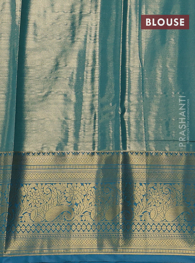Bangalori tissue silk saree peach pink and teal green with allover zari woven brocade weaves and long zari woven border