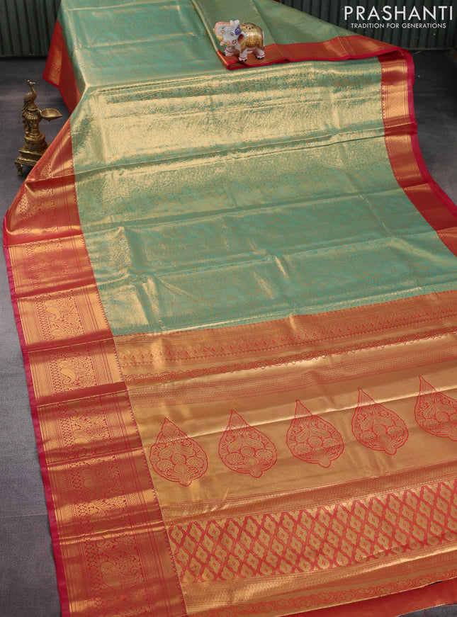 Bangalori tissue silk saree teal green shade and reddish pink with allover zari woven brocade weaves and long zari woven border