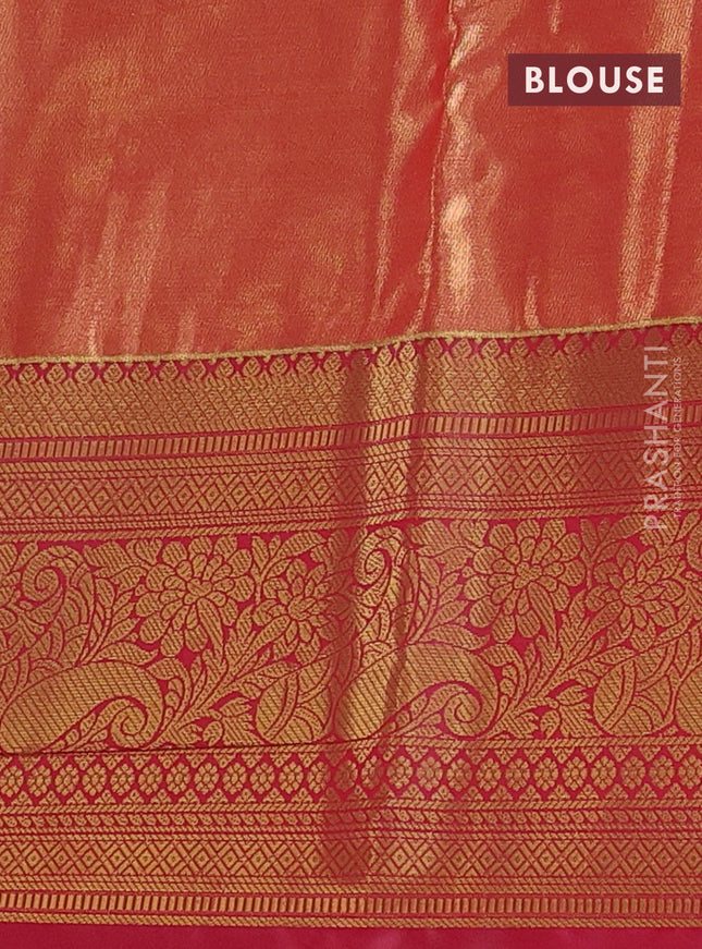 Bangalori tissue silk saree teal green shade and reddish pink with allover zari woven brocade weaves and long zari woven border