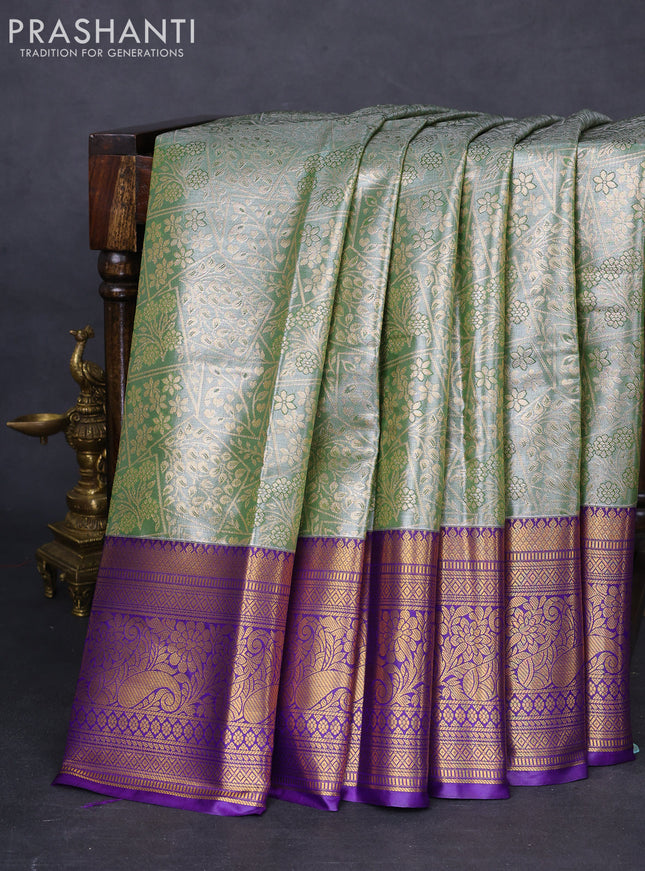 Bangalori tissue silk saree green shade and violet with allover zari woven brocade weaves and long zari woven border