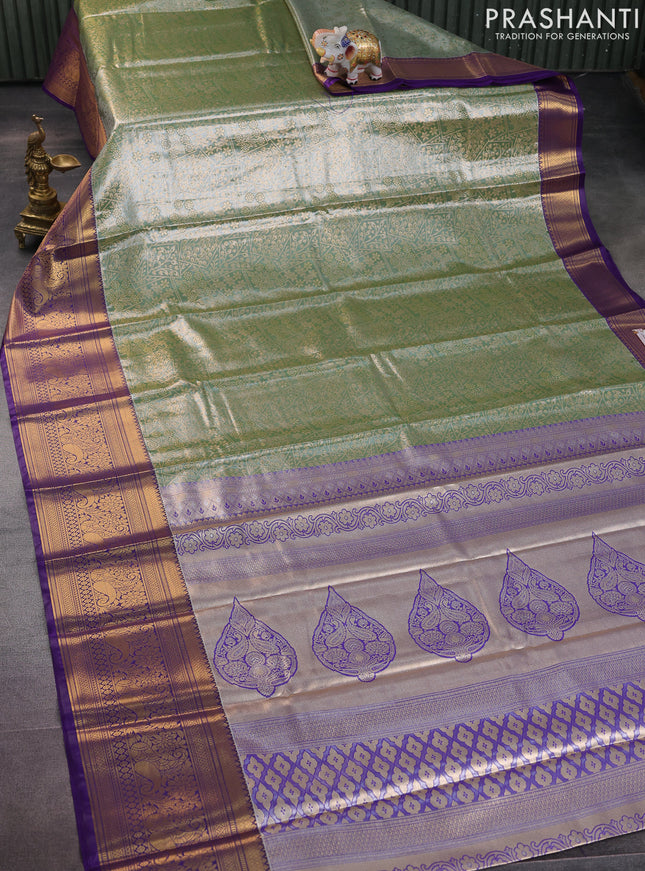 Bangalori tissue silk saree green shade and violet with allover zari woven brocade weaves and long zari woven border