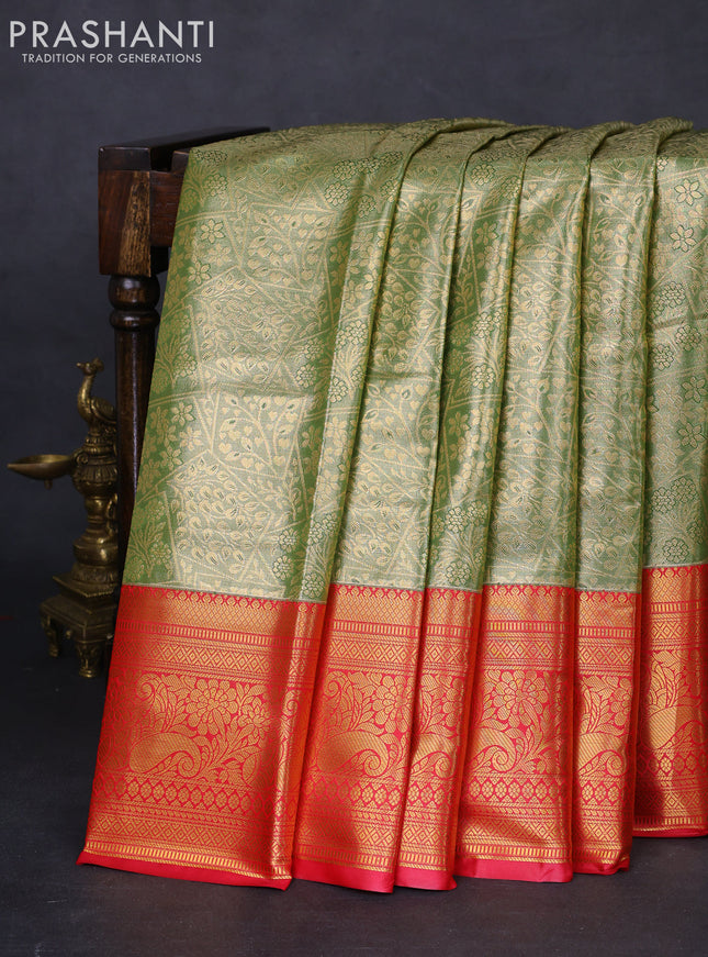 Bangalori tissue silk saree green and pink with allover zari woven brocade weaves and long zari woven border