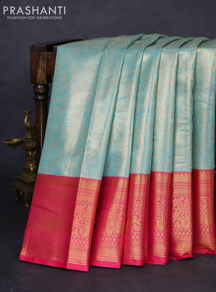 Bangalori tissue silk saree teal blue and pink with allover zari woven brocade weaves and long zari woven border